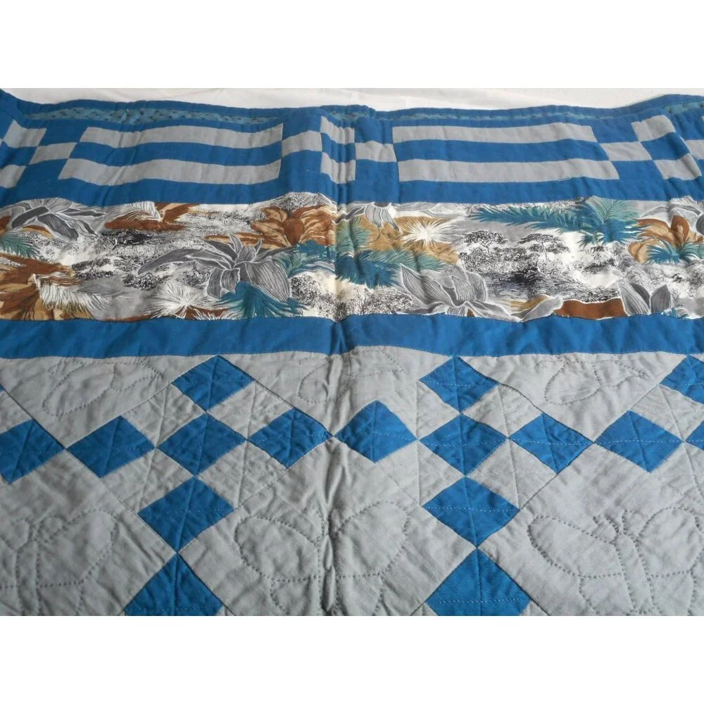 Vintage hand Quilted Wall Hanging Lap Blanket Blue Bayou 1990